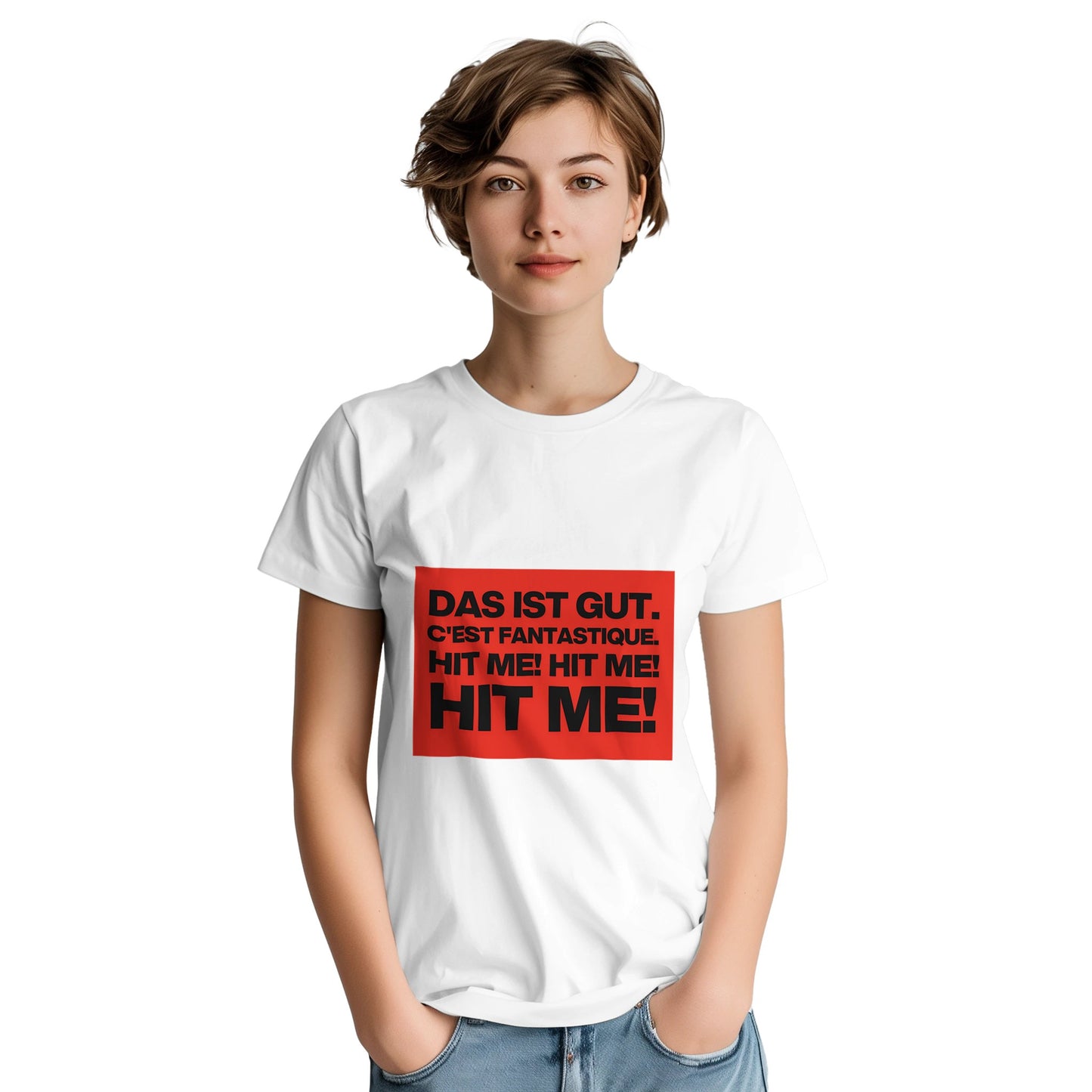 Ian Dury Hit me t shirt from slogun female model
