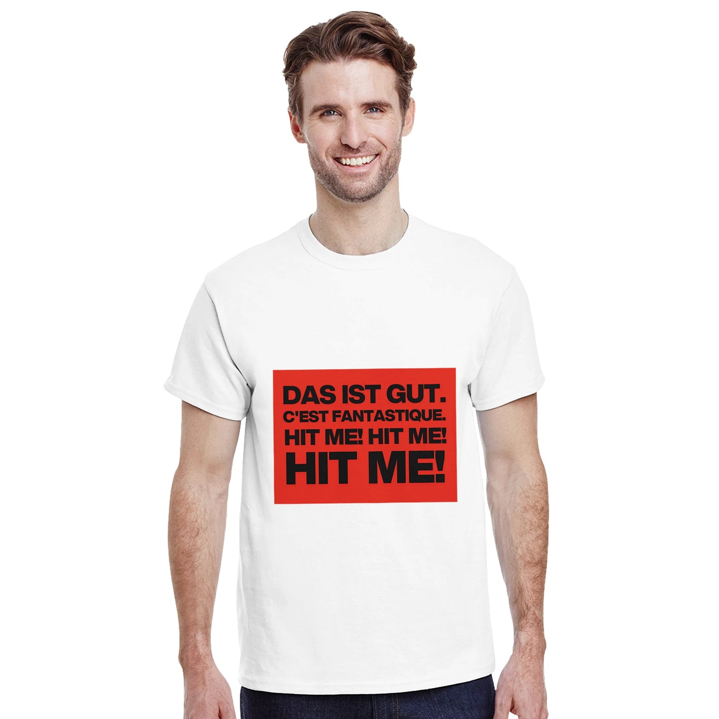 Ian Dury Hit me t shirt from slogun male model