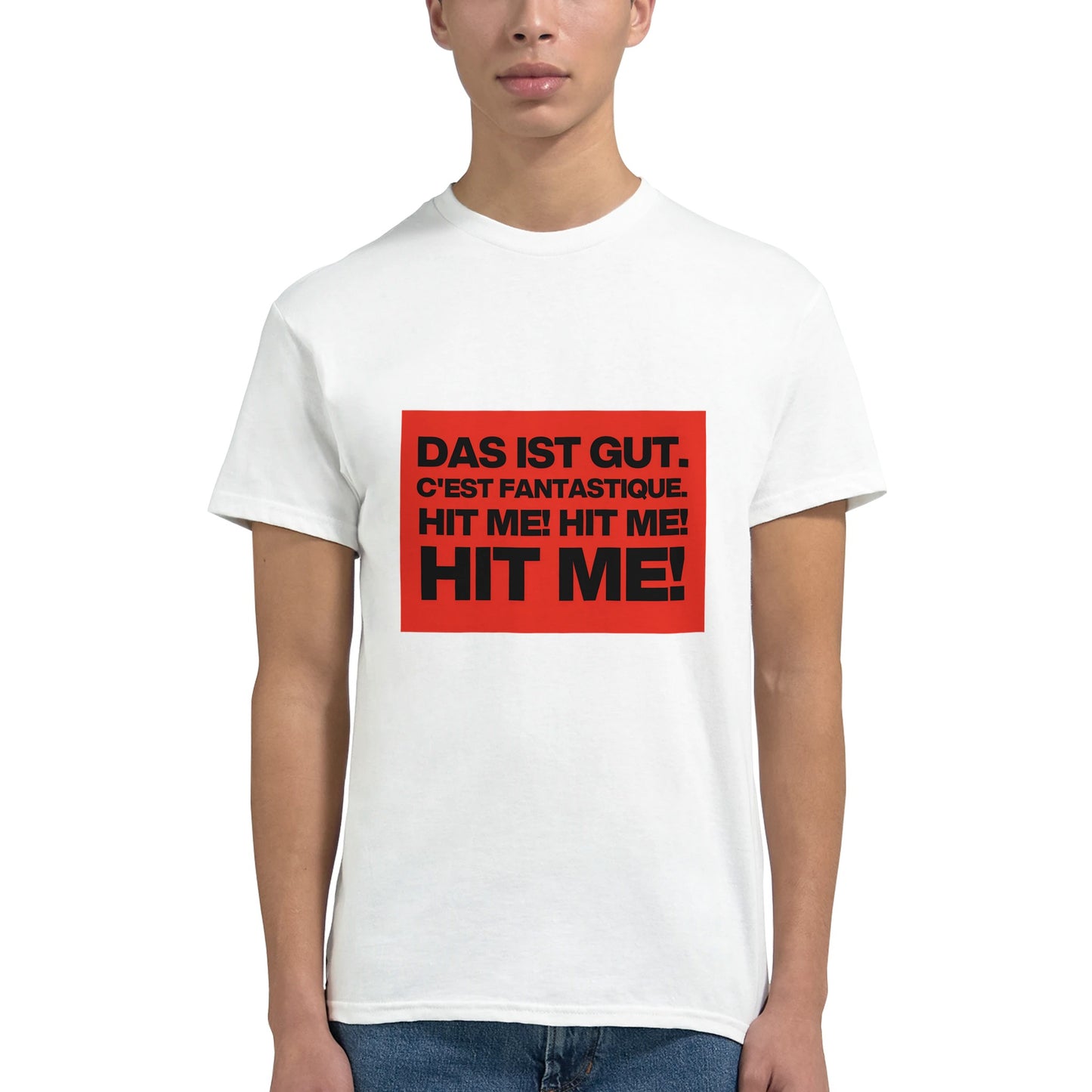 Ian Dury Hit me t shirt from slogun model close