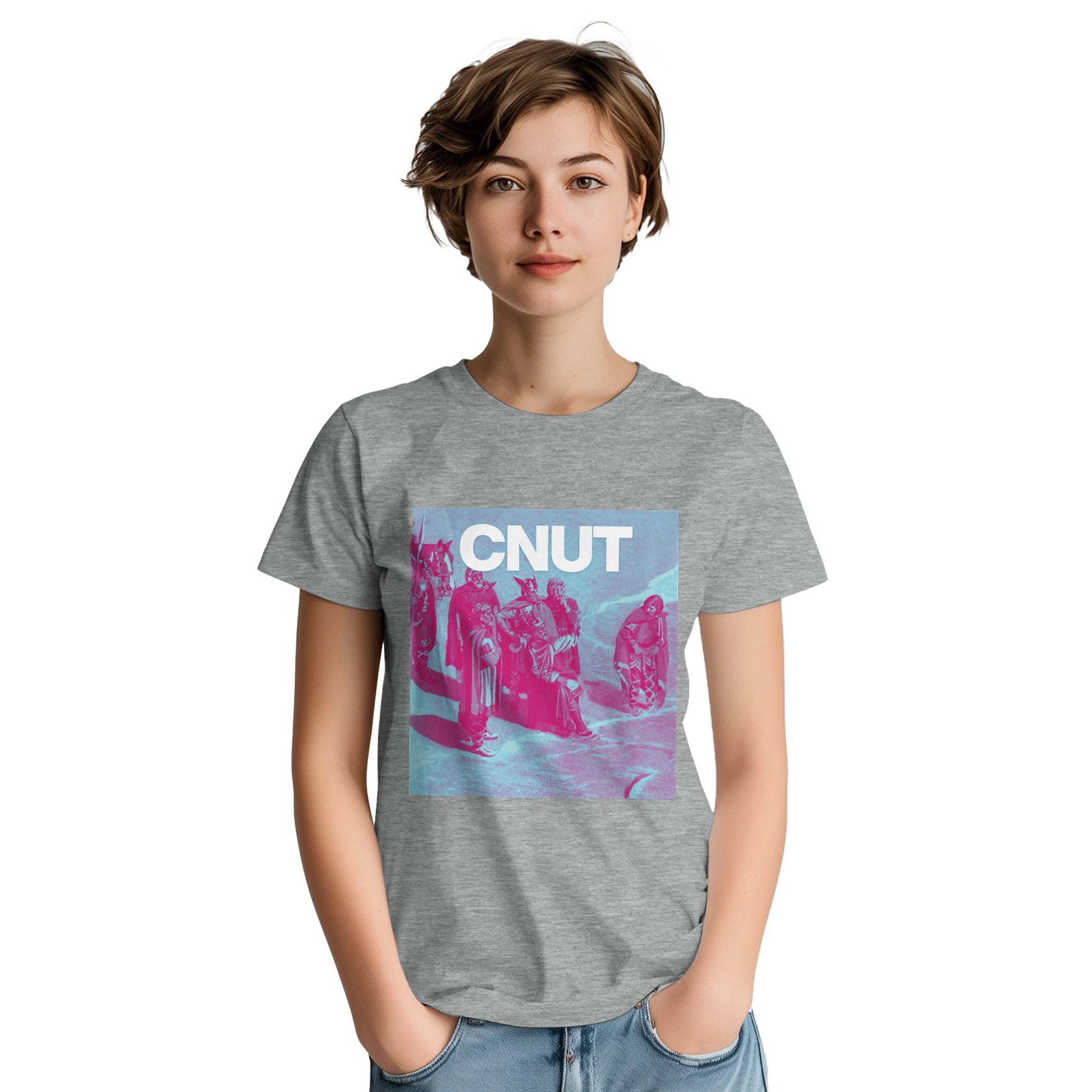 Cnut history t shirts from slogun female model