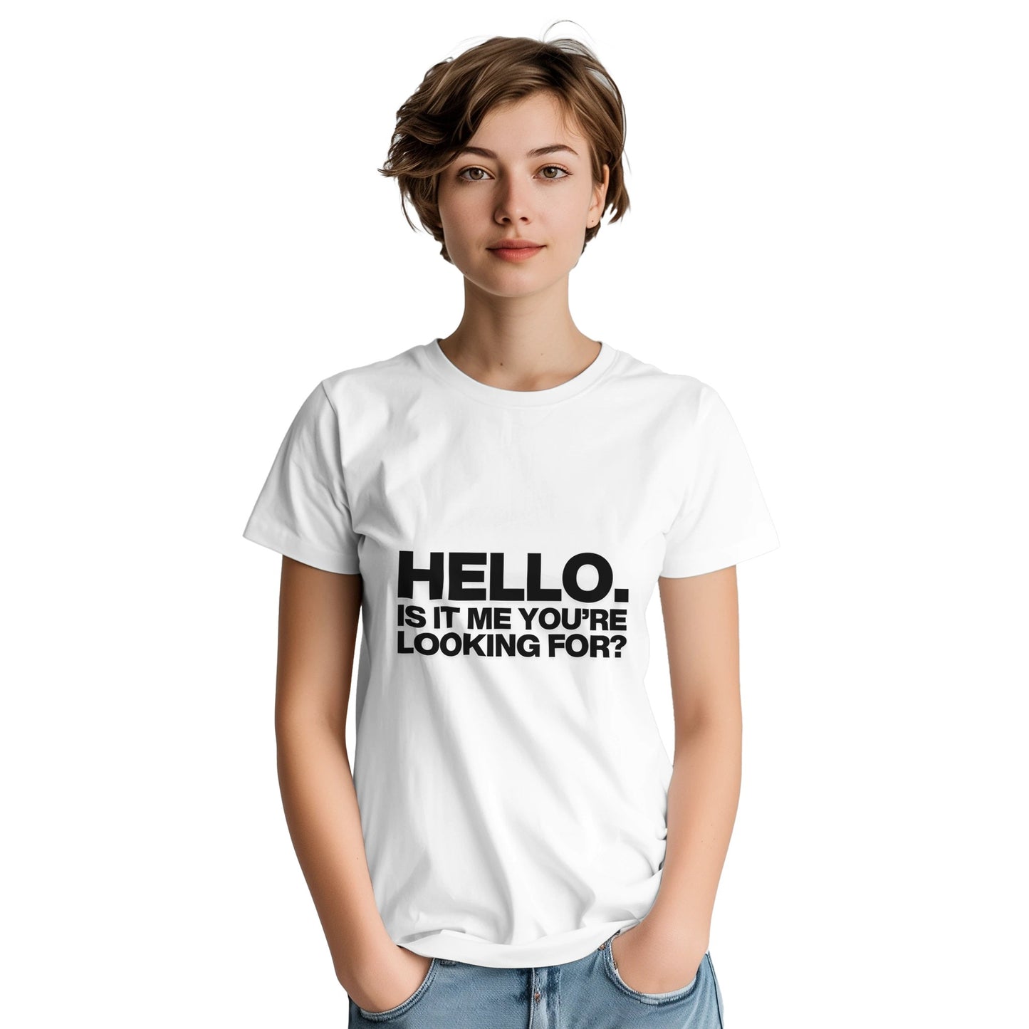 "Hello. Is it me you're looking for?" Lionel Richie tee from Slogun. Female model shot.