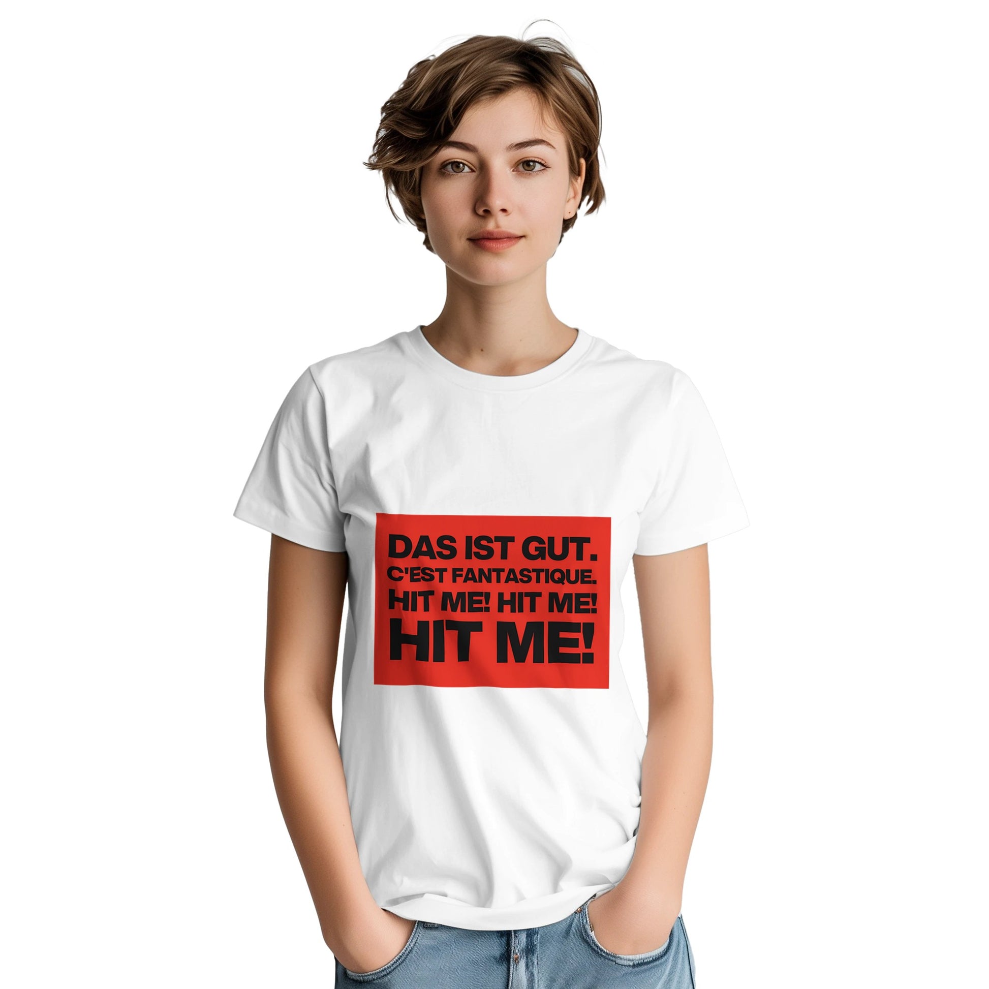 Ian Dury Hit me t shirt from slogun female model