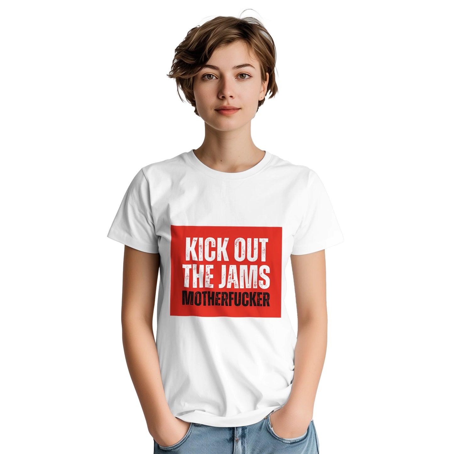 Kick out the jams MC5 shirt from slogun female model