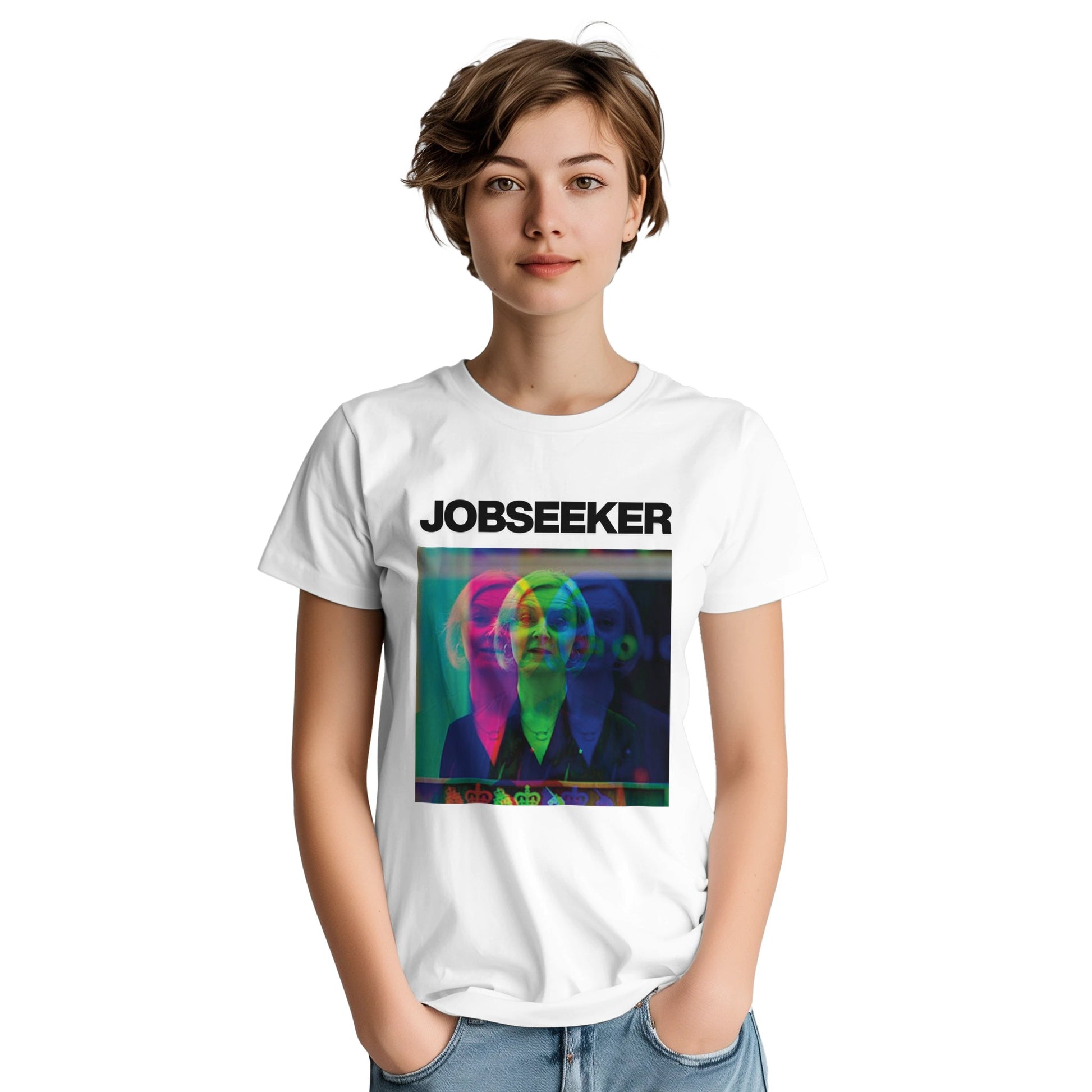 Sleaford Mods Truss Jobseeker tee from slogun female model