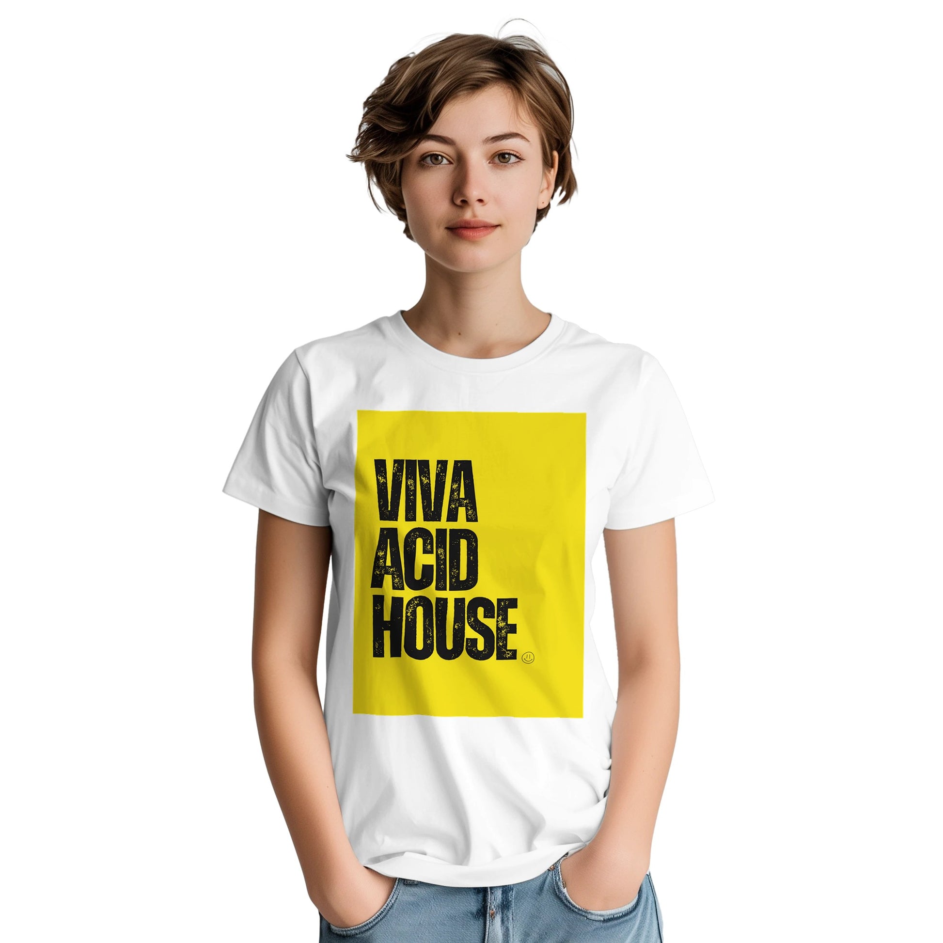 Viva Acid House rave t shirt from Slogun female model