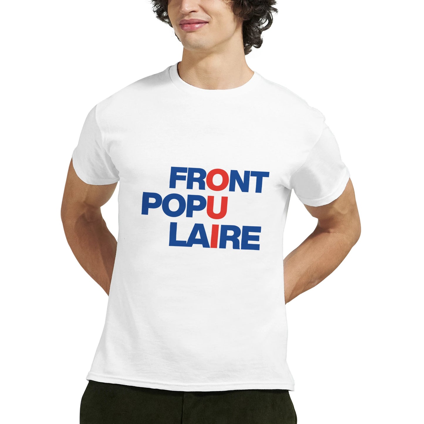 front populaire t-shirt from slogun female model close