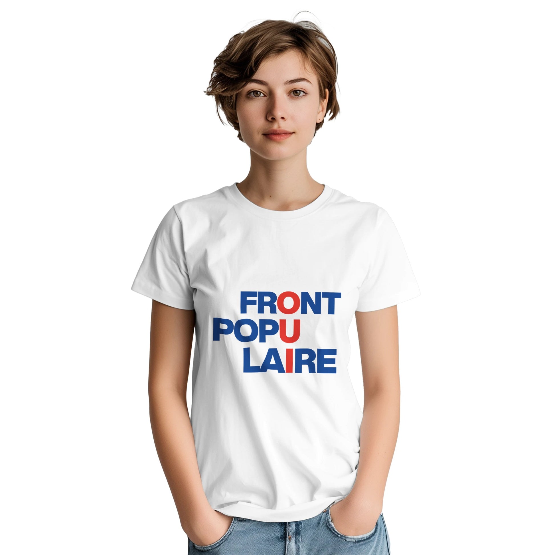 front populaire t-shirt from slogun female model