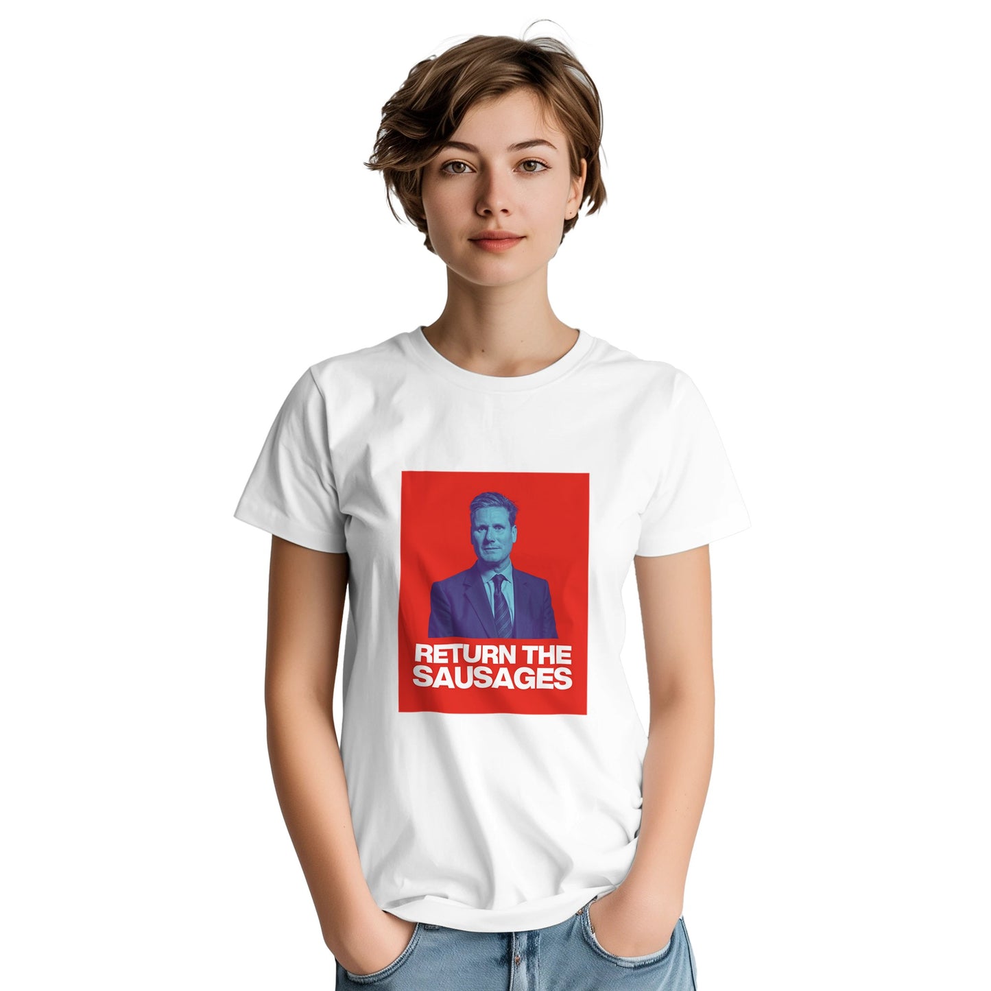 Keir Starmer Return the Sausages slogun female model