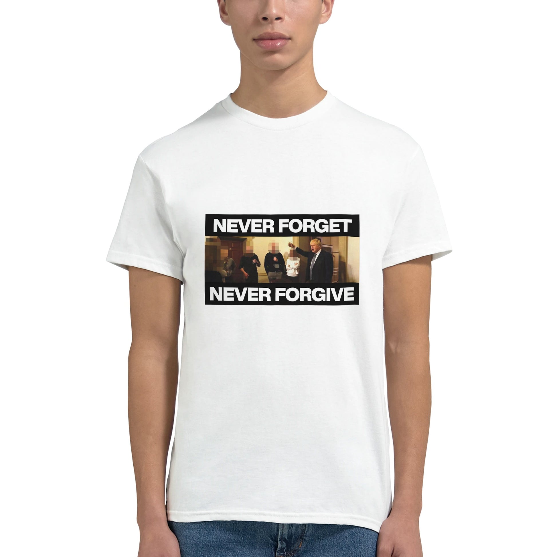 partygate johnson t shirt from slogun male model close