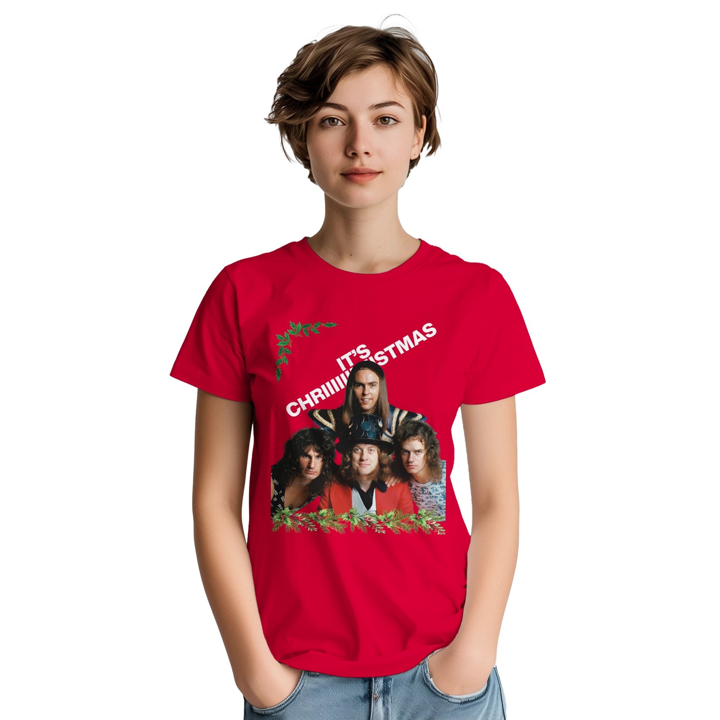 slade t shirt for xmas from slogun female model