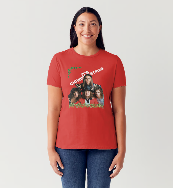 slade t shirt for xmas from slogun female model