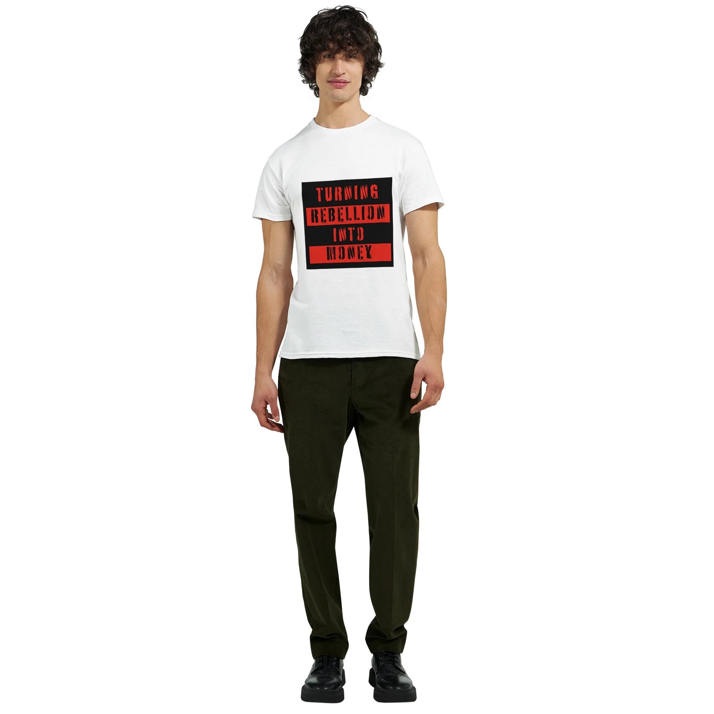 turning rebellion into money t-shirt from slogun model man